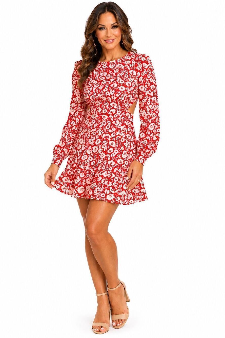 Topshop Red White Floral Cutout Mini Dress Long Sleeve Ruffle Hem US 8 NWT